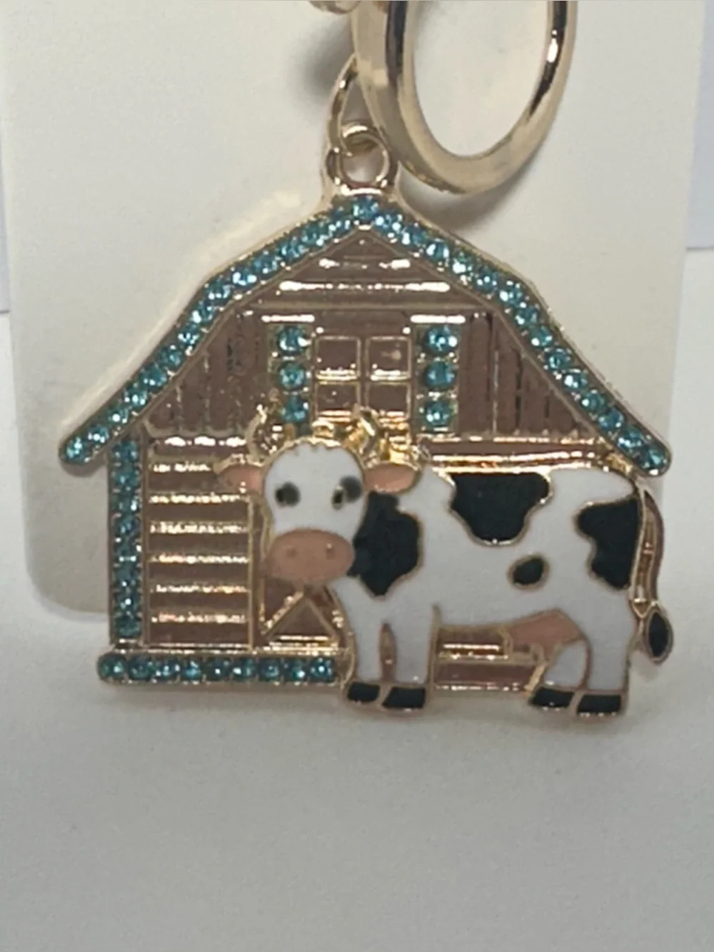 Cow & Barn Keychain Charm with Aqua Rhinestones
